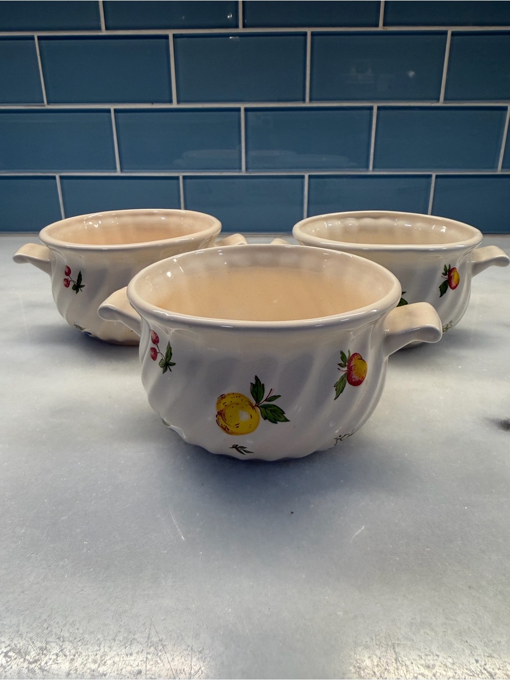 Set of 3 Ceramic Soup Bowls Crocks Double Handles Fruit Pattern Country Kitchen